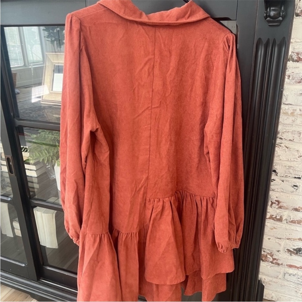 NWT Entro Courderoy Long Sleeve Dress. Ruffle Hem | Women’s Sz-L Rust - Picture 7 of 8